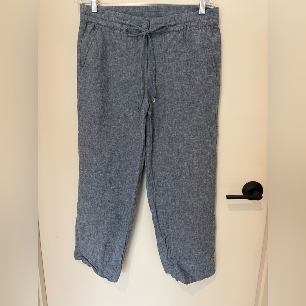 Talbots Wide Leg Linen Blue Chambray Pull-On Cropped Pants Capsule Neutral Easy